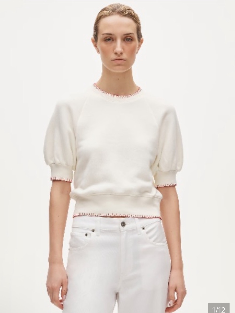 J. Crew Contrast-trim heritage terry puff-sleeve sweatshirt - ivory withred trim